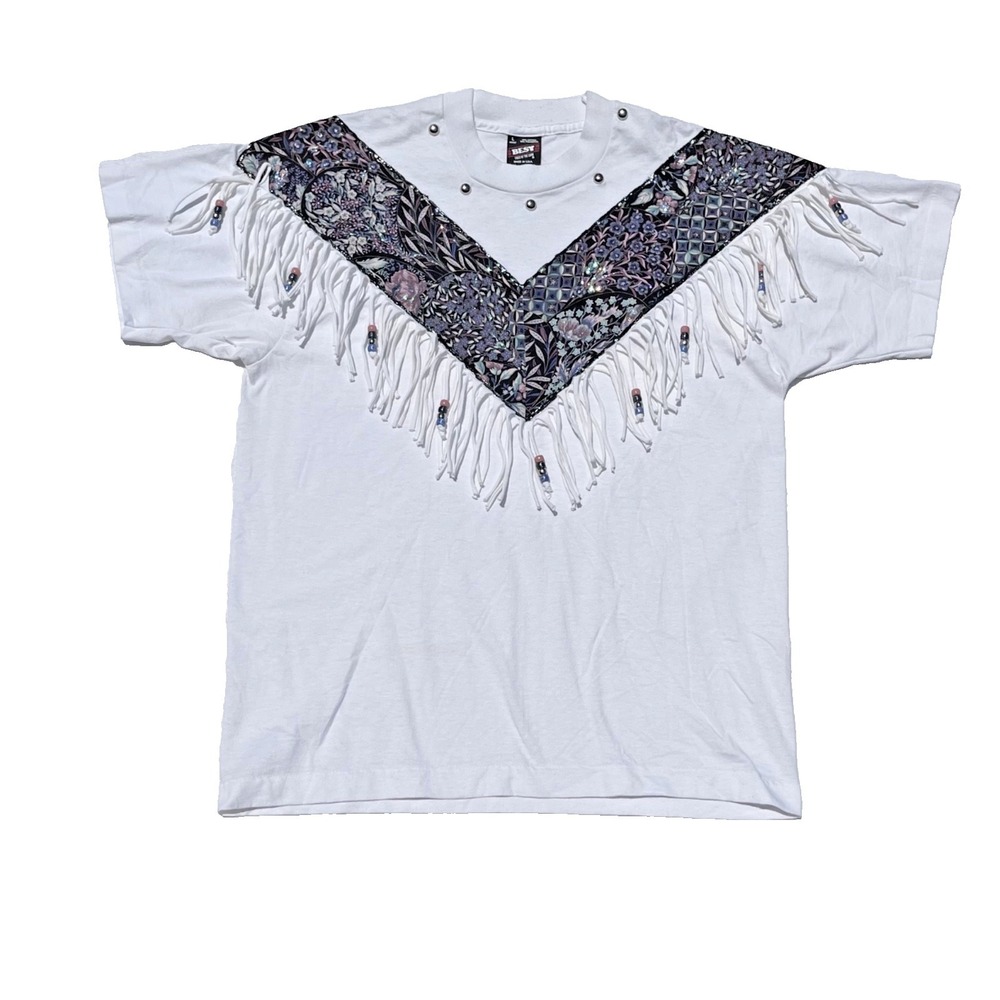 Southwestern Aztec Shirt Women Large USA Y2K Single Stitch Fringe Beads Native
